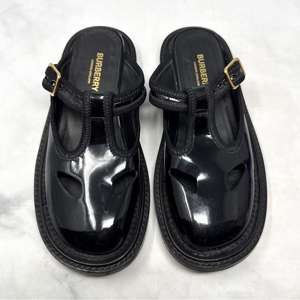 Burberry Alannis T-Bar Mary Jane Patent Leather Slide Mule Clog Shoes Black 36